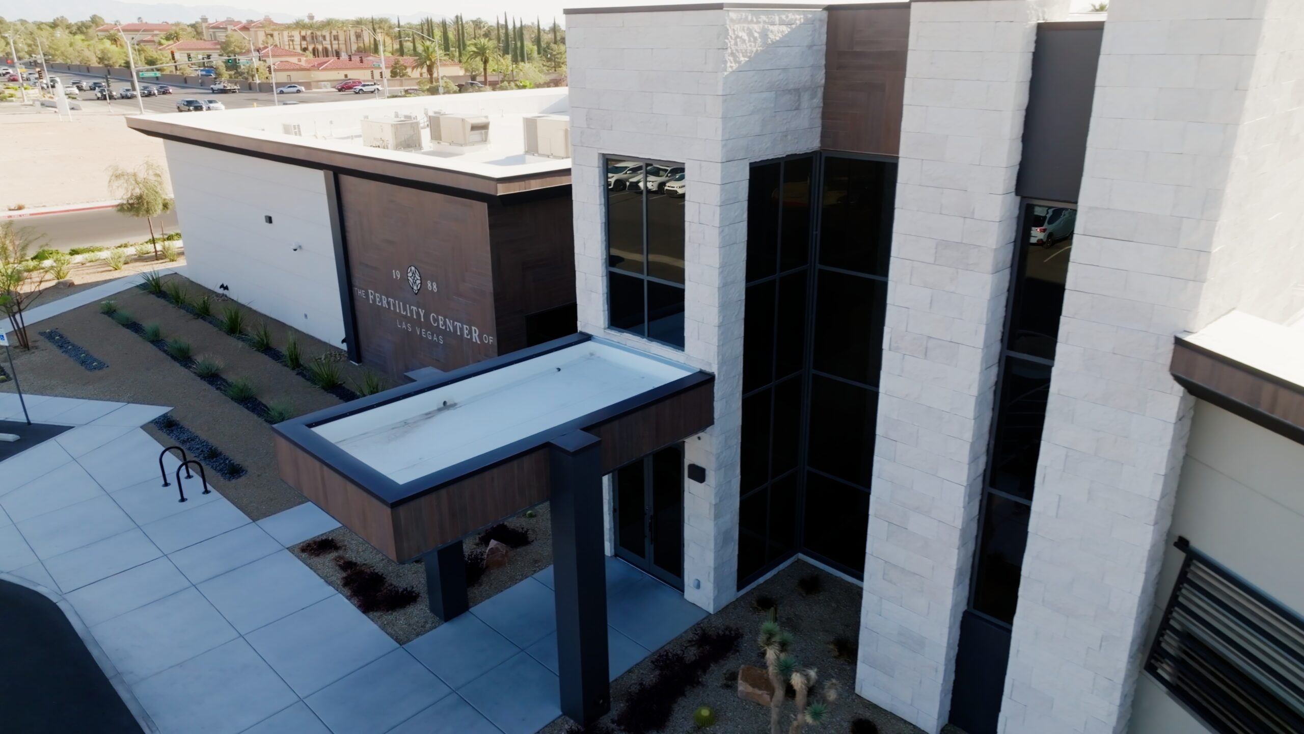 Custom stone and tile work on a commercial building, showcasing the quality craftsmanship of Academy Stone, Tile & Flooring in Las Vegas.