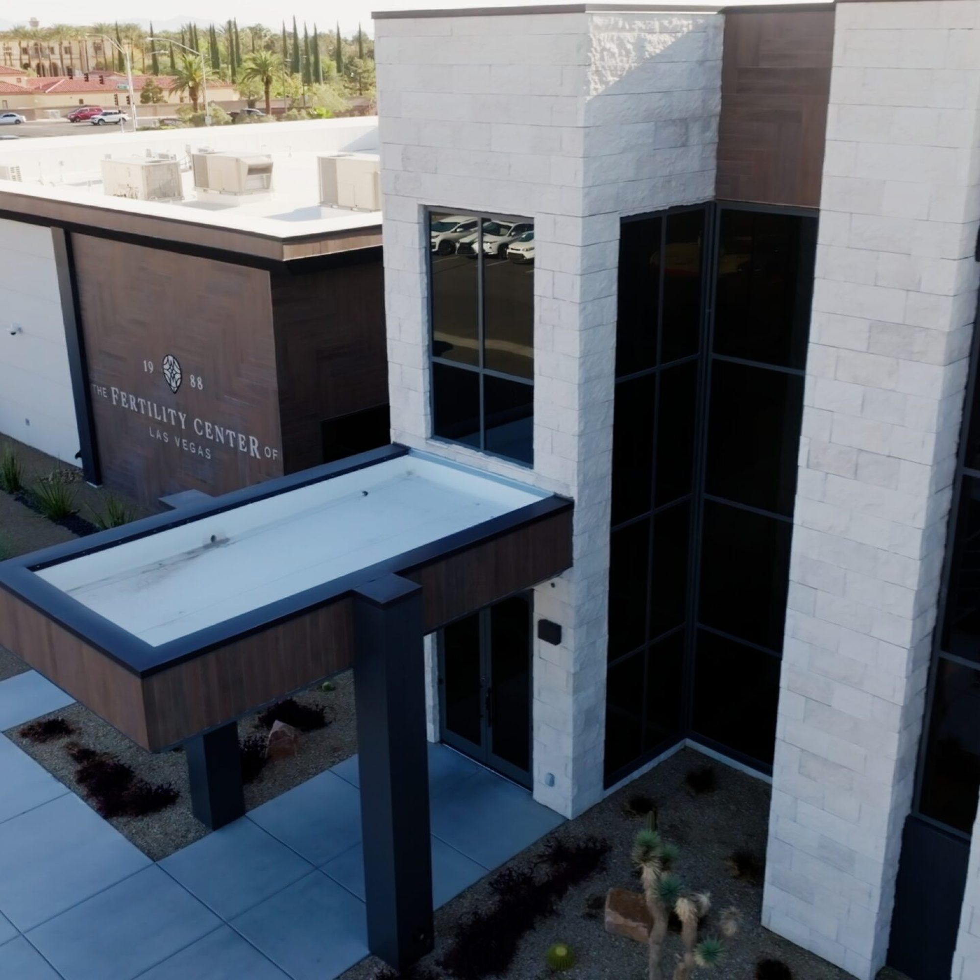 Custom stone and tile work on a commercial building, showcasing the quality craftsmanship of Academy Stone, Tile & Flooring in Las Vegas.